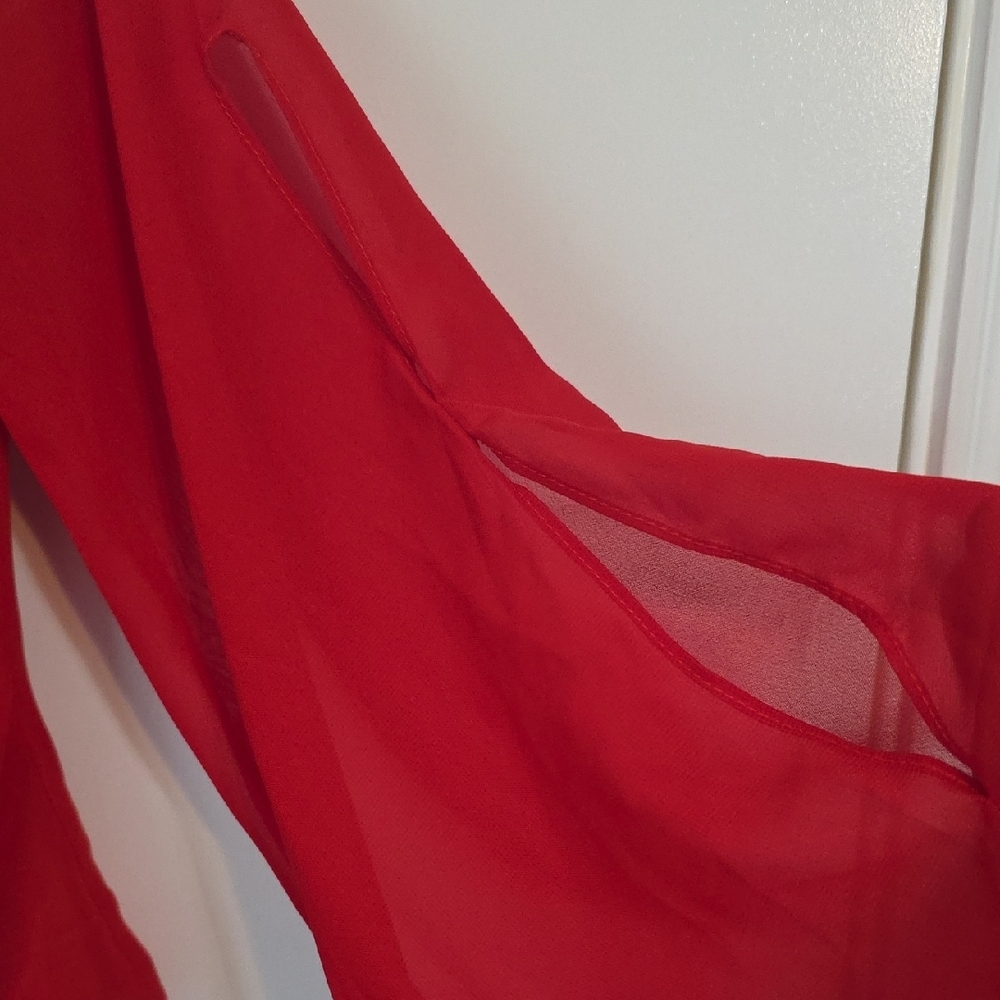 Nwot One-Shoulder Red Wide-Leg Jumpsuit with Sheer Draped Sleeve - Picture 7 of 11